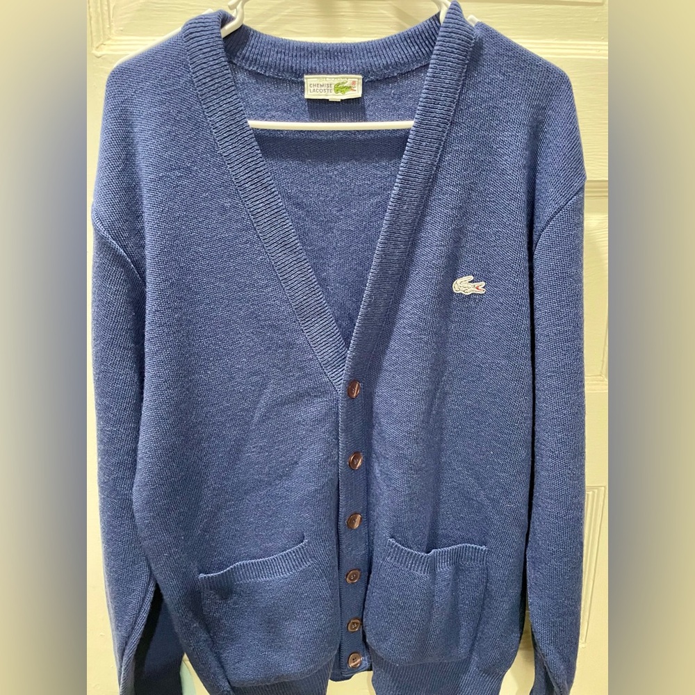 Vintage Lacoste Men's Cardigan in Blue, size Medium